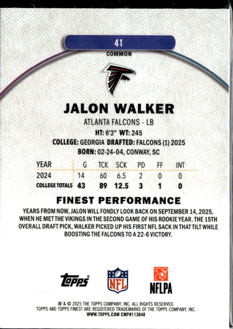 Jalon Walker 2025 Topps Finest Blue Rookie RC /99 Atlanta Falcons