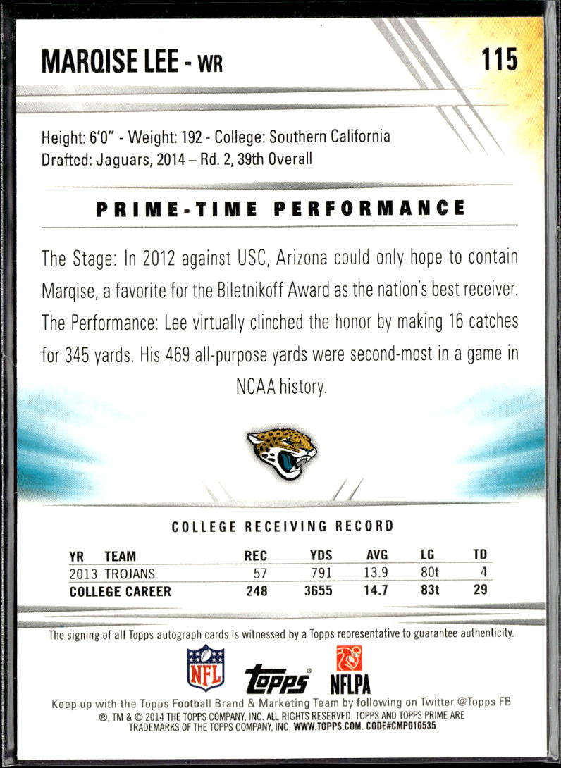 Marqise Lee 2014 Topps Prime Auto Autograph RC Jacksonville Jaguars