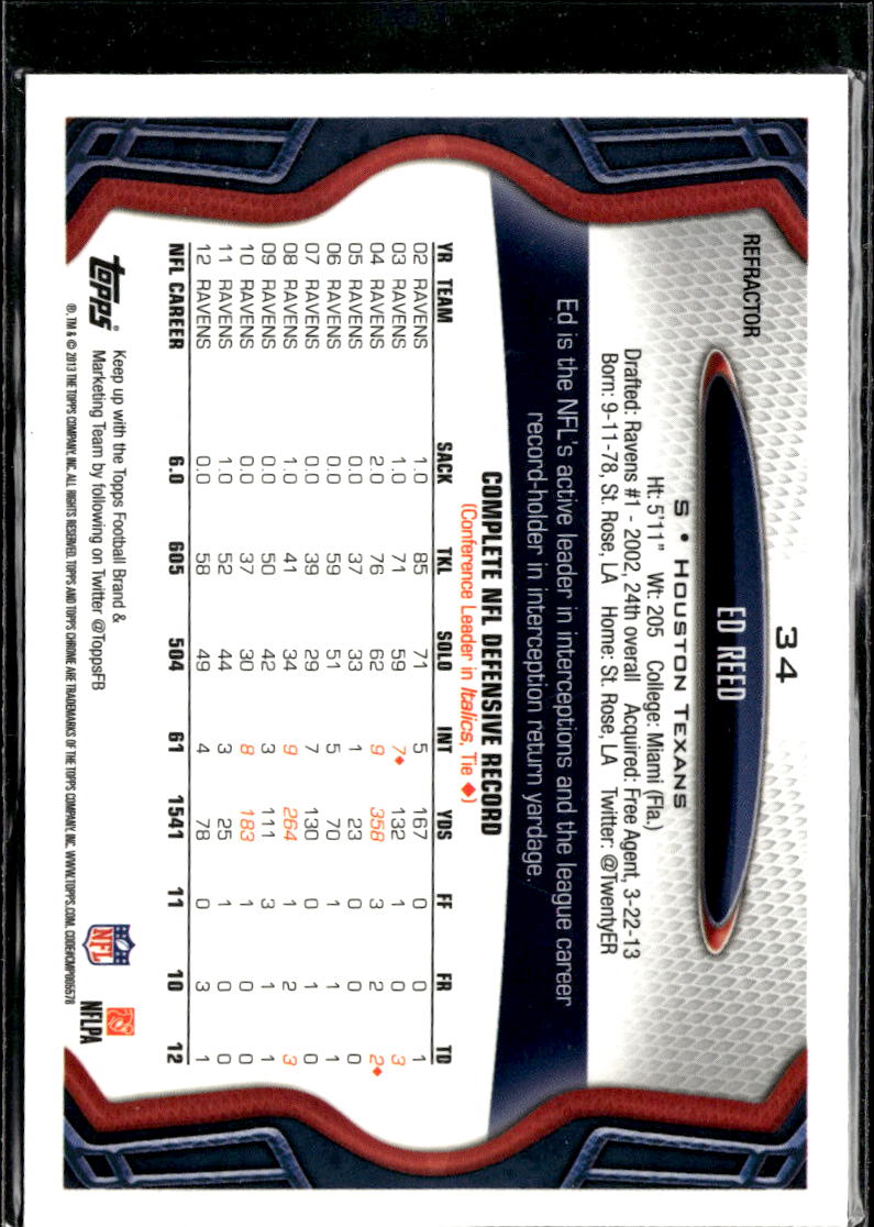 Ed Reed 2013 Topps Chrome Refractor Houston Texans