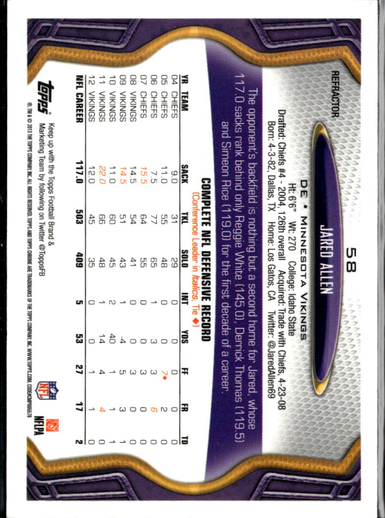 Jared Allen 2013 Topps Chrome Refractor Minnesota Vikings