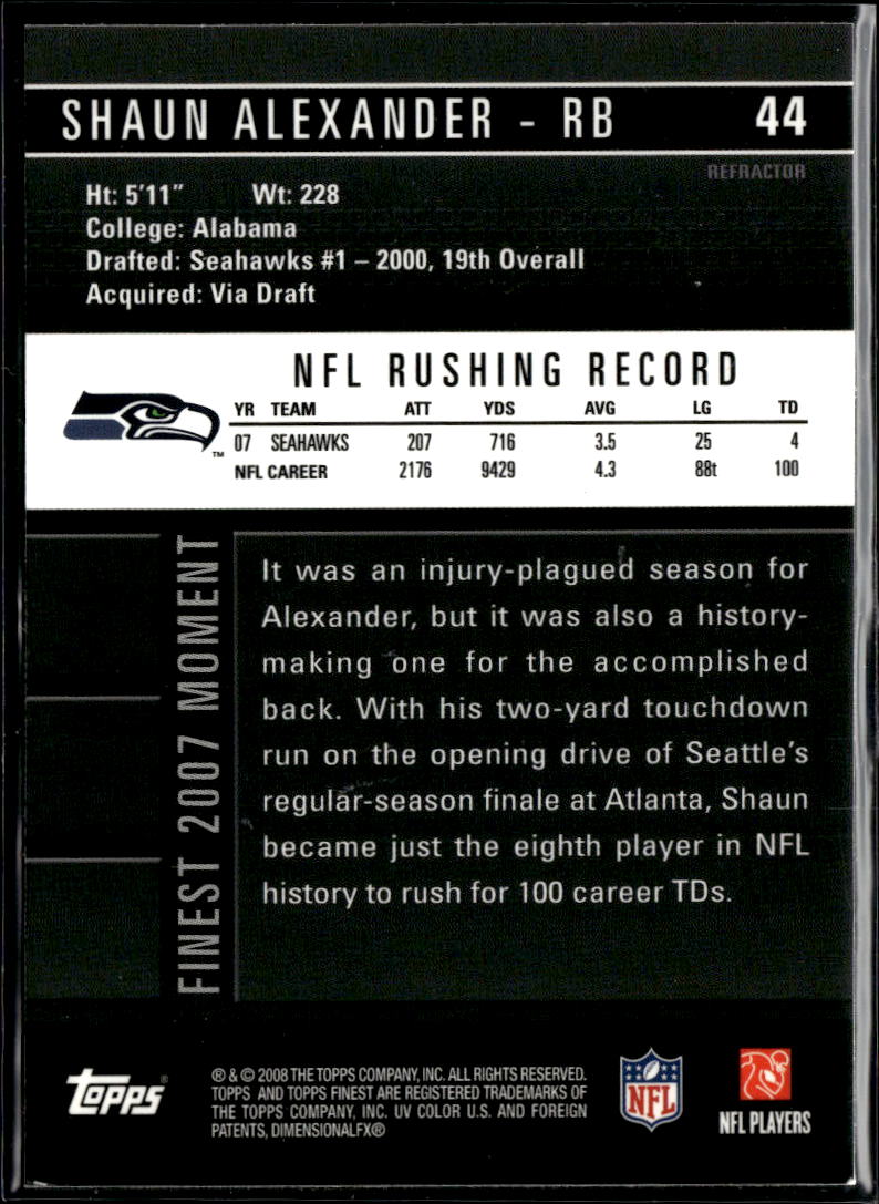 Shaun Alexander 2007 Topps Finest Blue Refractor Seattle Seahawks