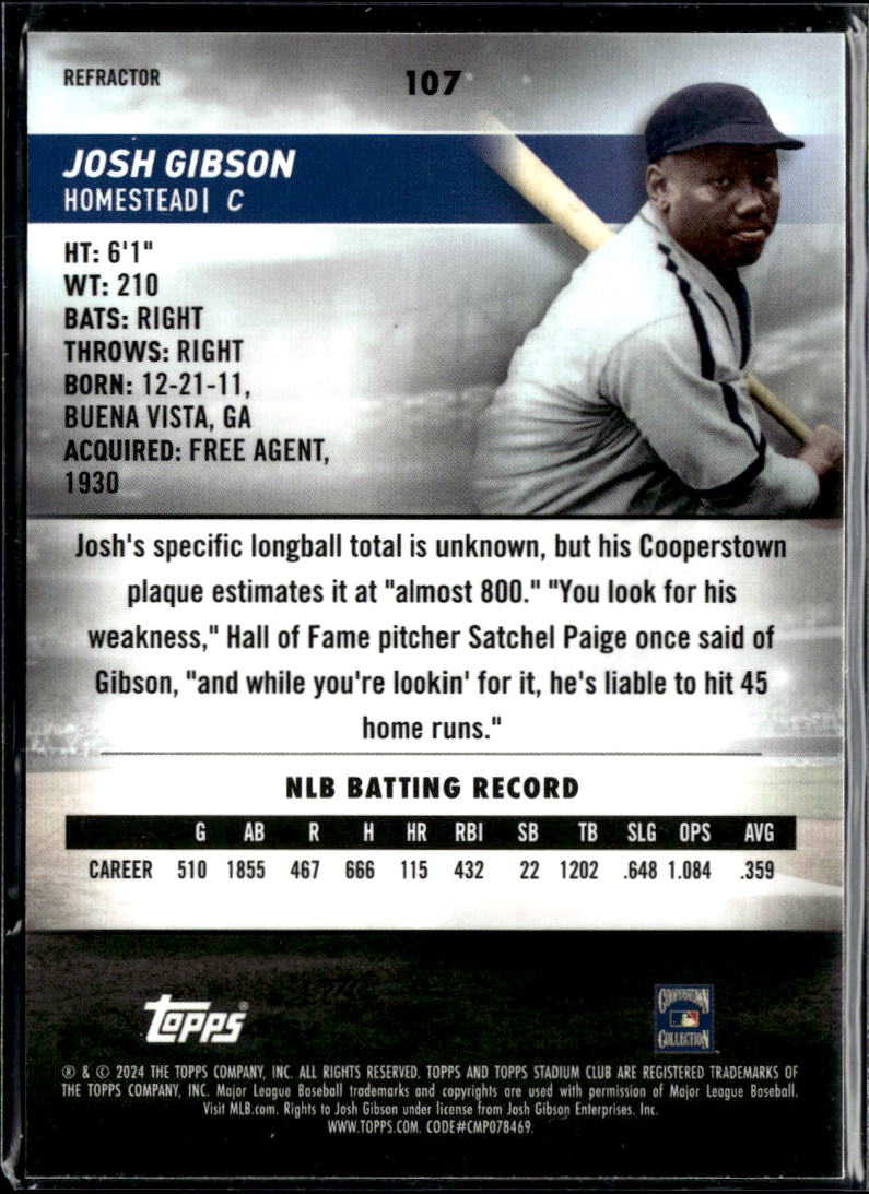 Josh Gibson 2024 Topps Stadium Club Chrome Refractor Homestead Grays