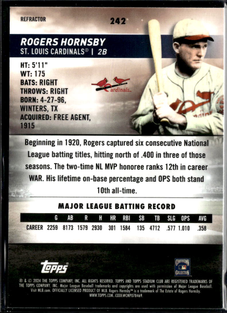 Rogers Hornsby 2024 Topps Stadium Club Chrome Refractor St. Louis Cardinals