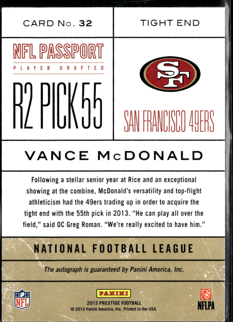 Vance McDonald 2013 Prestige NFL Passport RC Auto Autograph San Francisco 49ers