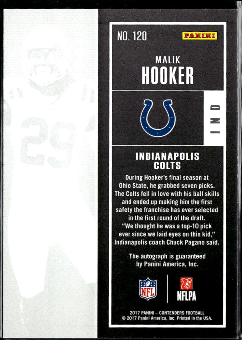 Malik Hooker 2017 Contenders Auto Autograph RC Indianapolis Colts