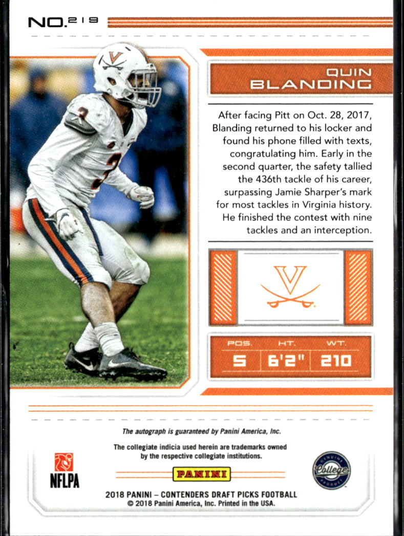 Quin Blanding 2018 Contenders Draft Auto Autograph RC Virginia Cavaliers