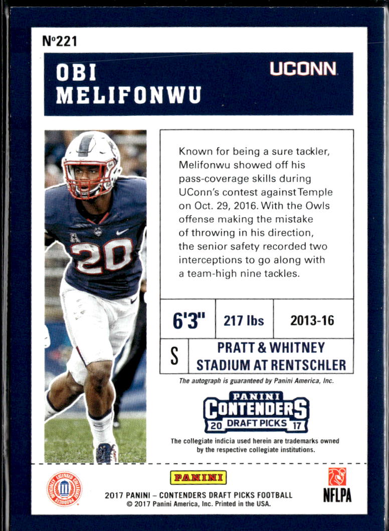 Obi Melifonwu 2017 Contenders Draft Auto Autograph RC UConn Huskies