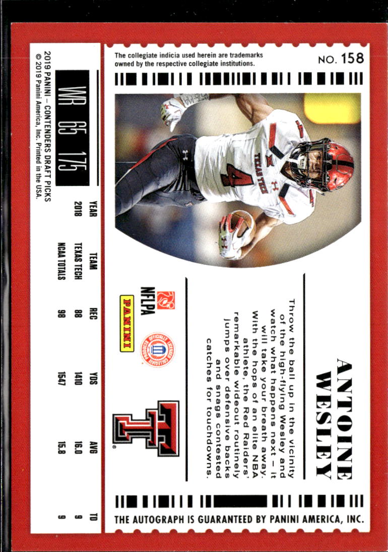 Antoine Wesley 2019 Contenders Draft Auto Autograph RC Texas Tech Red Raiders