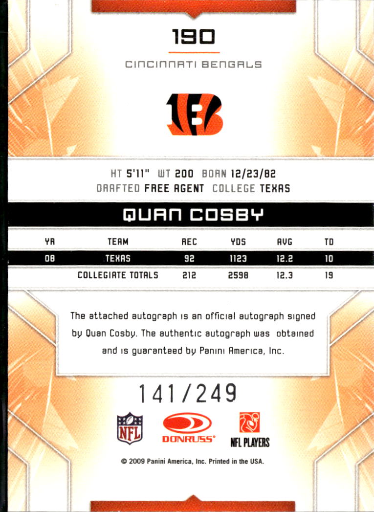 Quan Cosby 2009 Limited Phenoms Auto Autograph RC /249 Bengals Longhorns