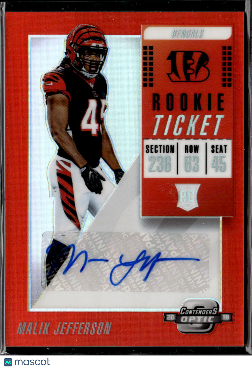 Malik Jefferson 2018 Contenders Optic Orange Auto Autograph RC /49 Bengals