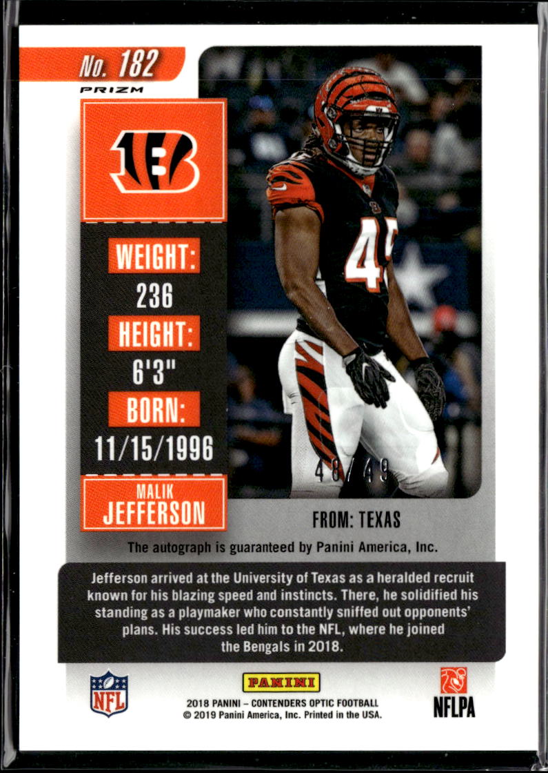 Malik Jefferson 2018 Contenders Optic Orange Auto Autograph RC /49 Bengals