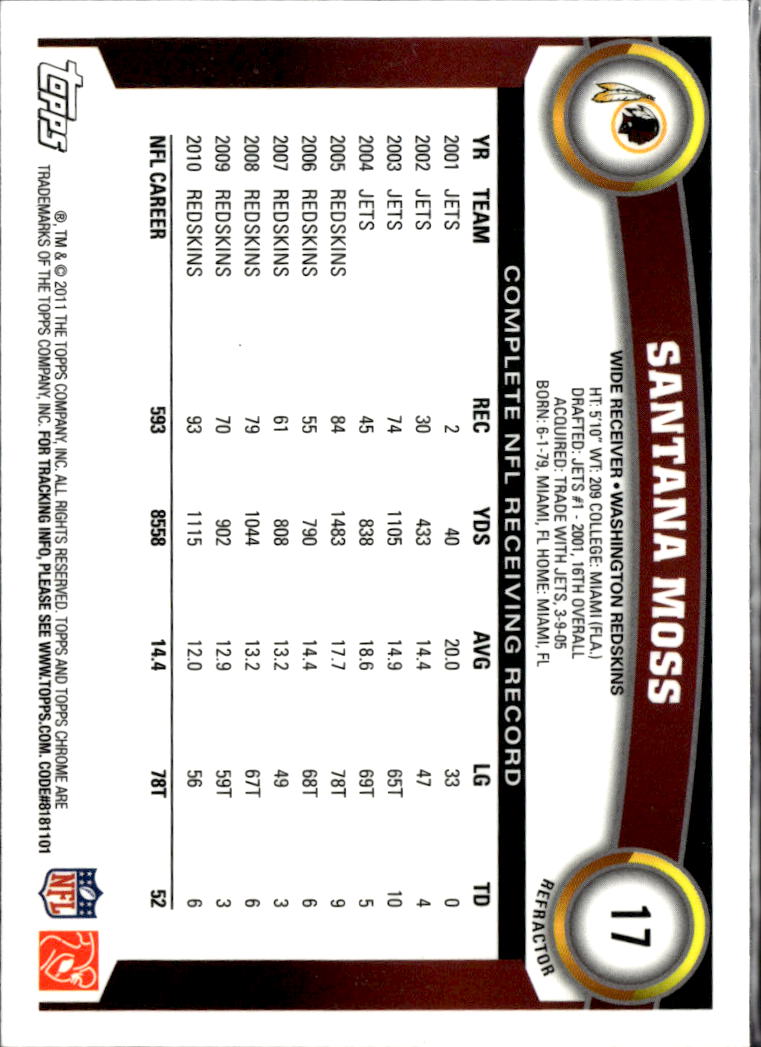 Santana Moss 2011 Topps Chrome Orange Refractor Washington Redskins