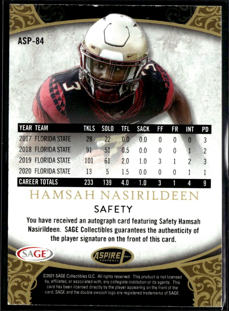 Hamsah Nasirildeen 2021 SAGE Aspire Auto Autograph Florida State Seminoles Jets