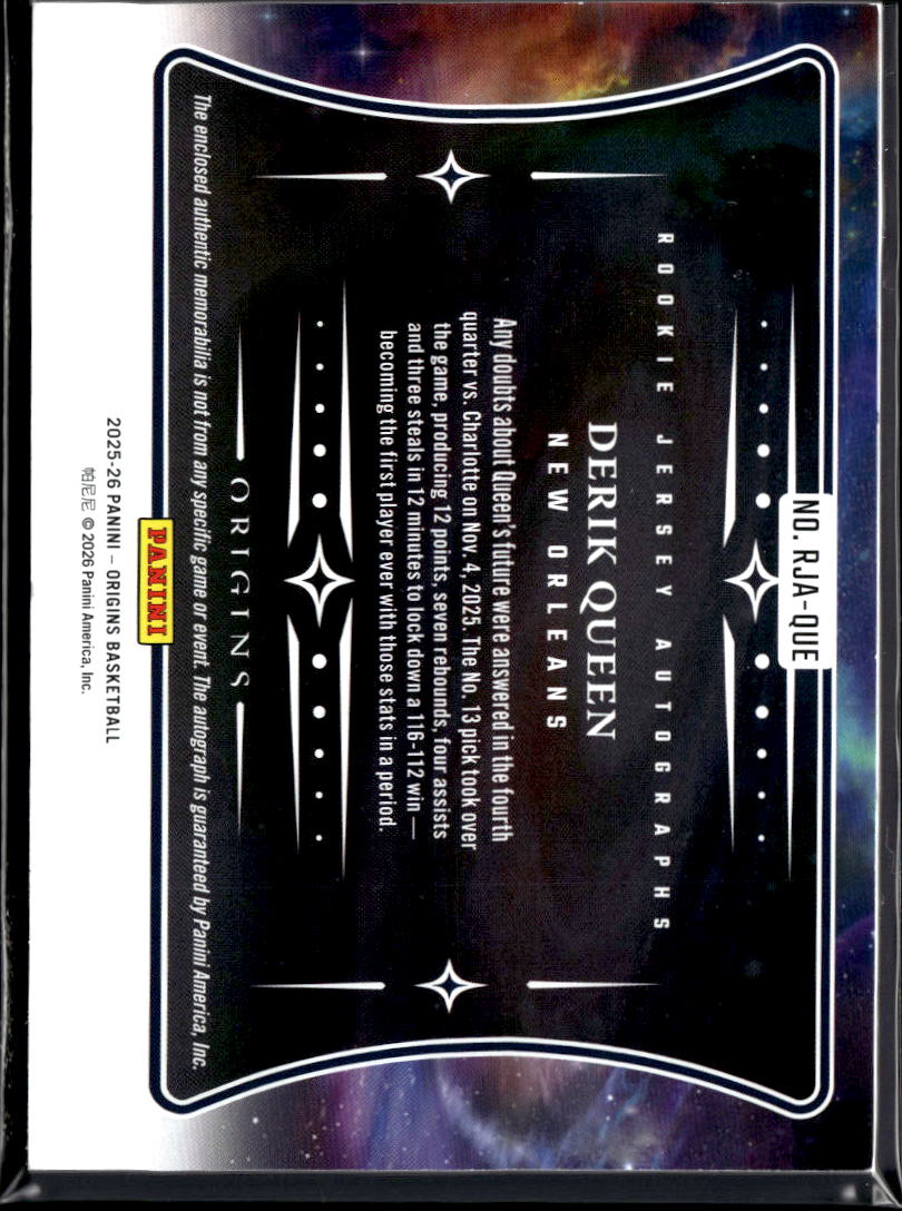 Derik Queen 2025-26 Origins Auto Autograph Nameplate Patch RC 23/75 Pelicans