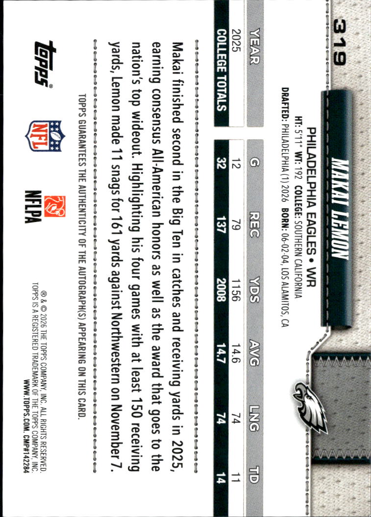 Makai Lemon 2026 Topps Flagship Auto Autograph Real One RC Philadelphia Eagles