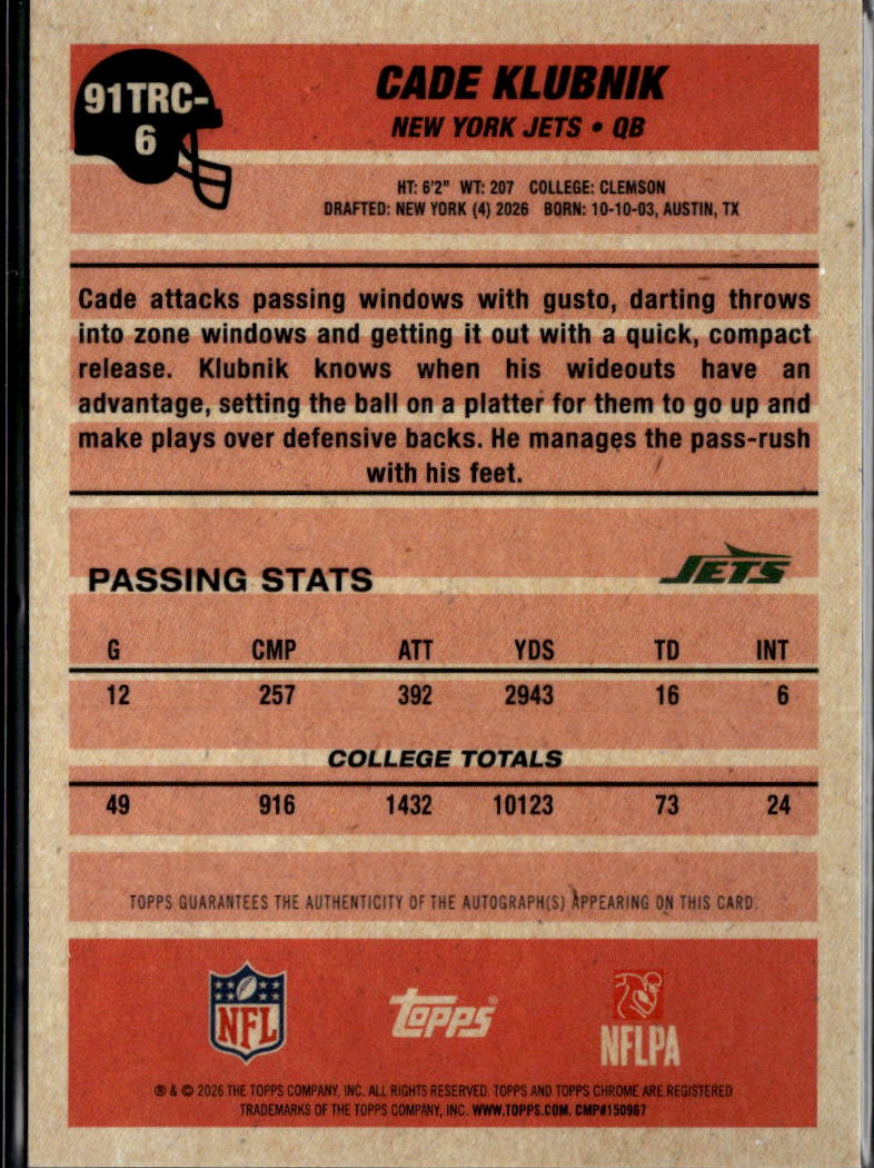 Cade Klubnik 2026 Topps Chrome '91 Silver Pack Auto Autograph RC Green /99 Jets
