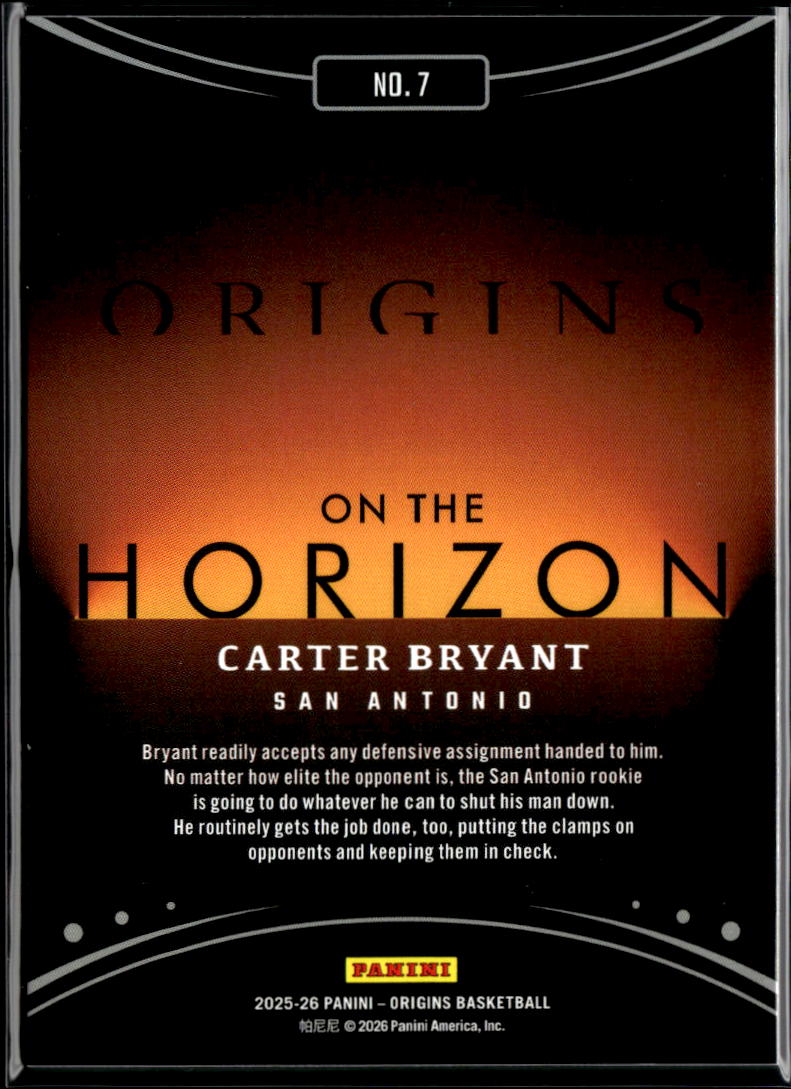 Carter Bryant 2025-26 Origins On The Horizon Rookie RC 24/25 San Antonio Spurs