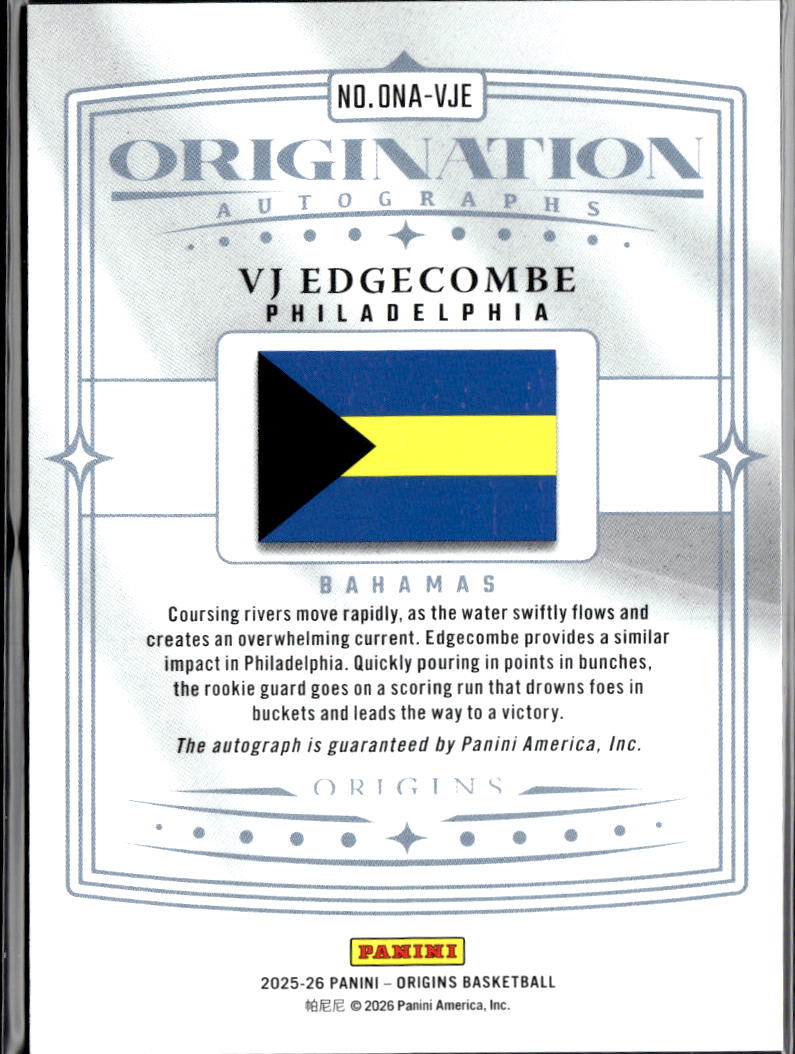 VJ Edgecombe 2025-16 Origins Auto Autograph RC Blue 27/35 Philadelphia