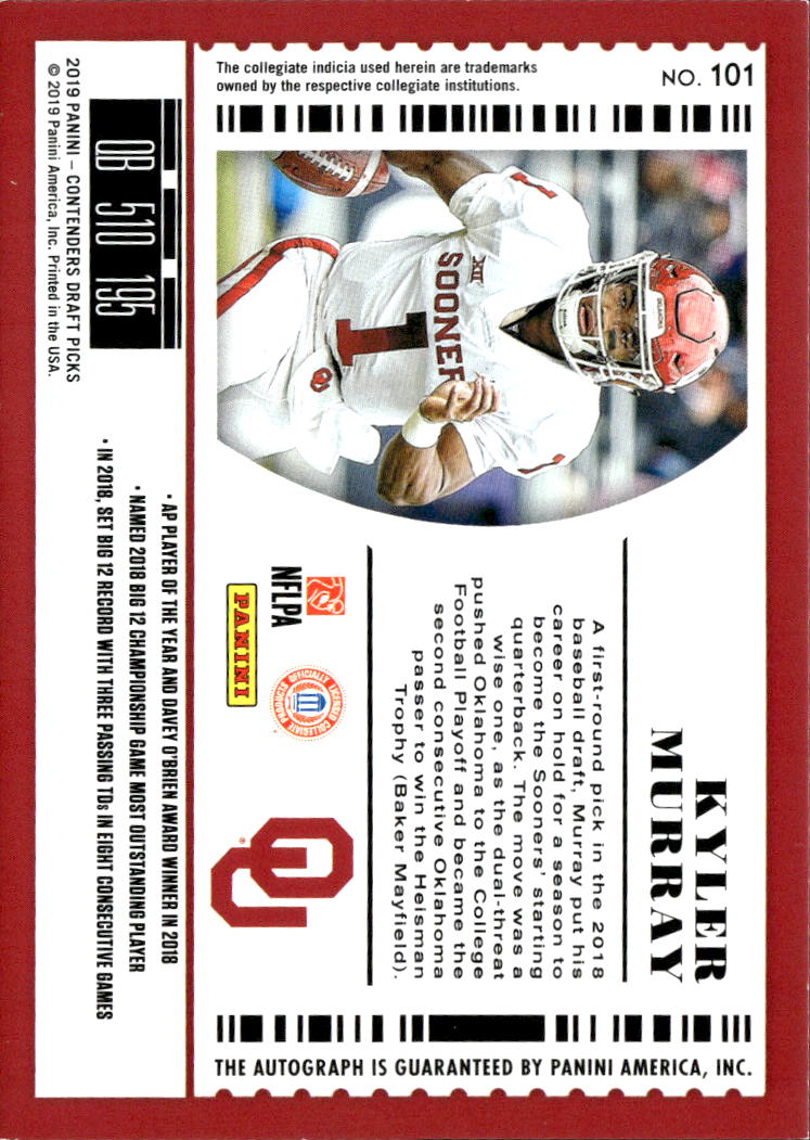 Kyler Murray 2019 Contenders Draft Auto Autograph RC 2/25 Oklahoma Sooners