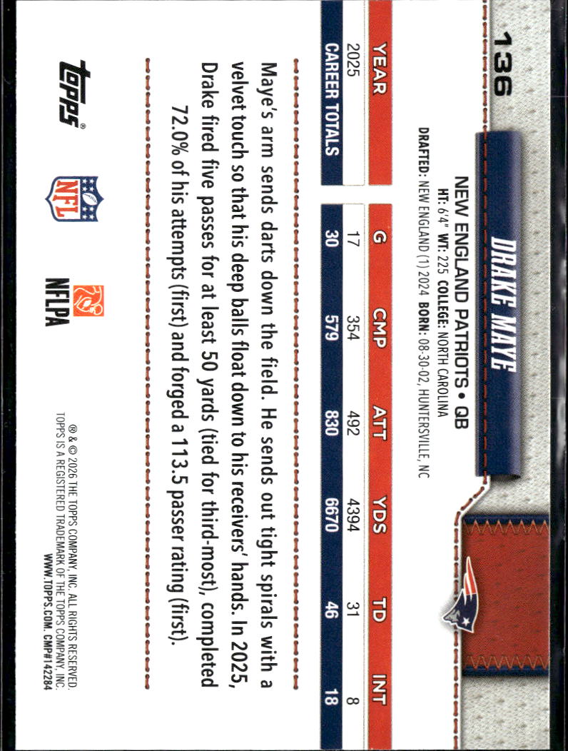 Drake Maye 2026 Topps Flagship #136 New England Patriots