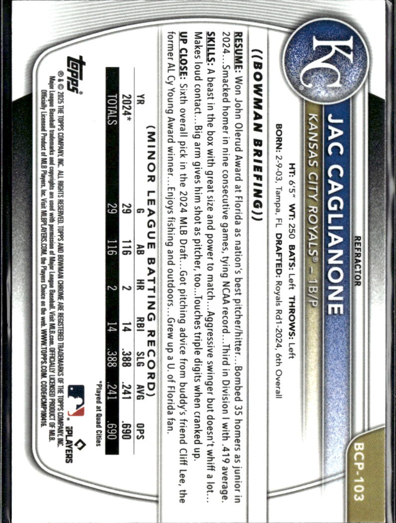 Jac Caglianone 2025 Bowman Chrome Refractor 489/499 Kansas City Royals