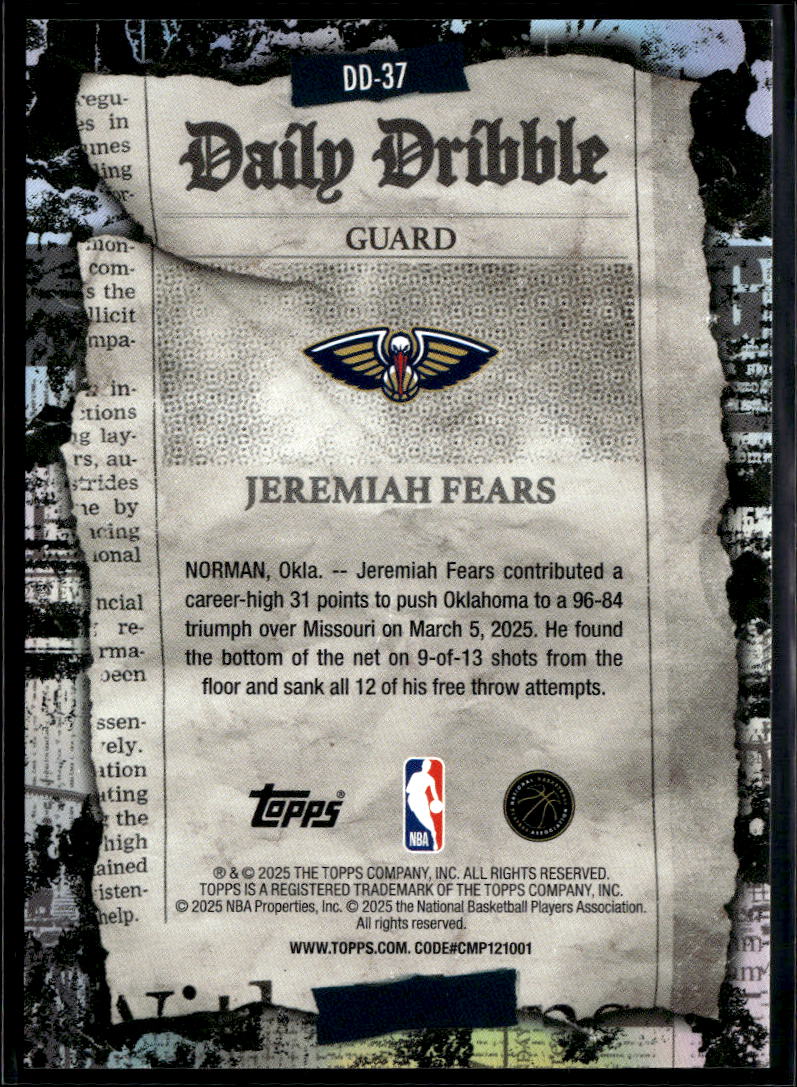 Jeremiah Fears 2025 Topps Daily Dribble GOLD RC 24/50 New Orleans Pelicans
