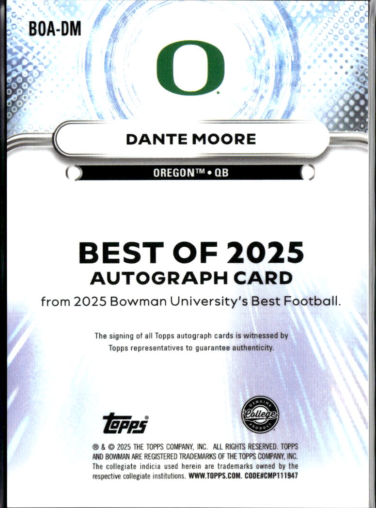 Dante Moore 2025 Bowman's Best Auto Autograph RC 6/150 Oregon Ducks