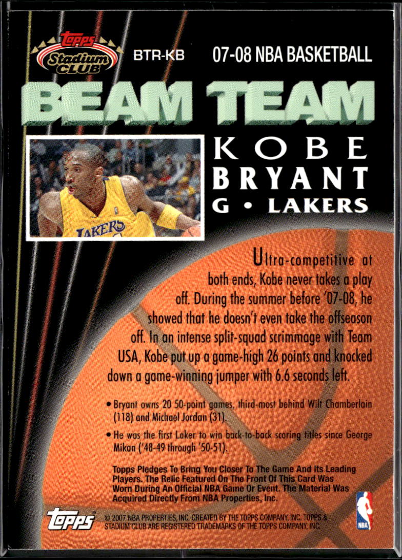 Kobe Bryant 2007 Topps Stadium Club Beam Team Game Worn Patch Los Angeles Lakers