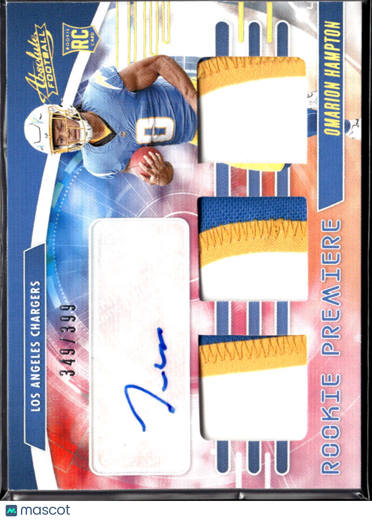 Omarion Hampton 2025 Absolute Auto Autograph Patch RC /399 Los Angeles Chargers