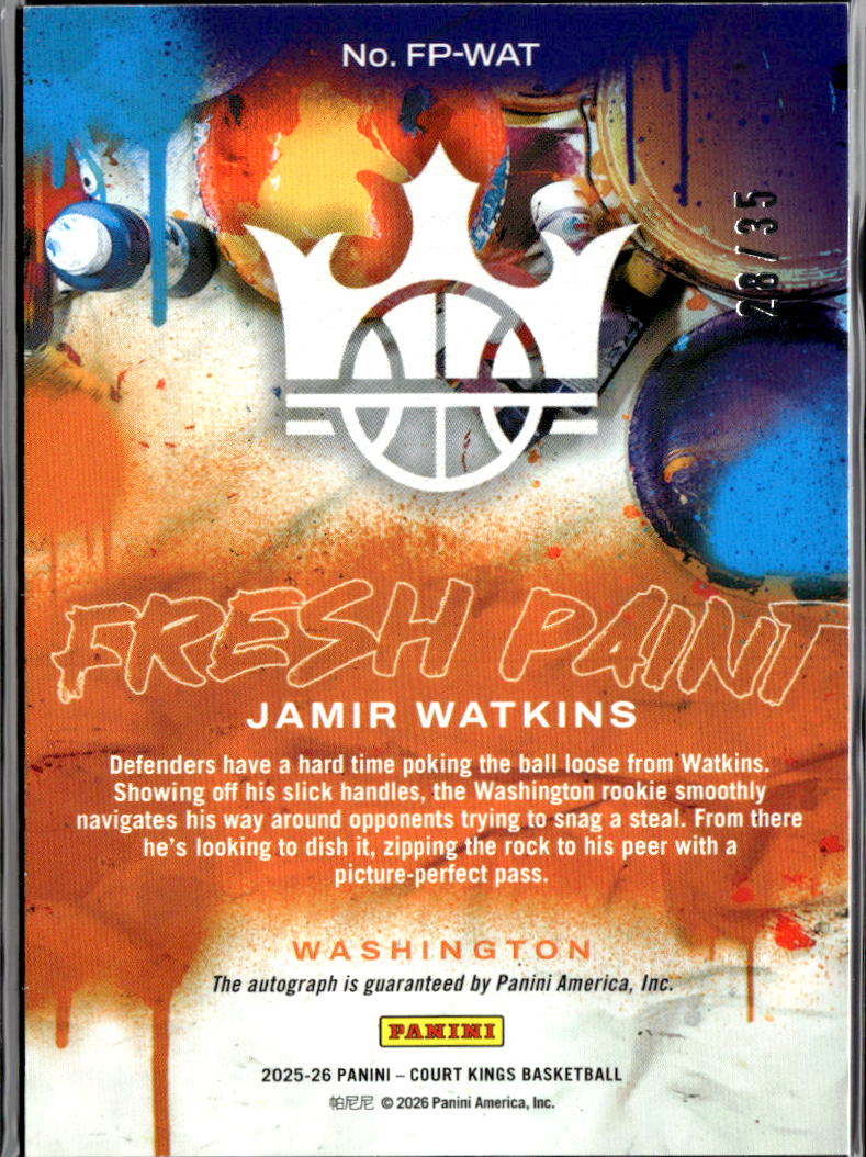 Jamir Watkins 2025-26 Court Kings Auto Autograph RC 28/35 Washington Wizards