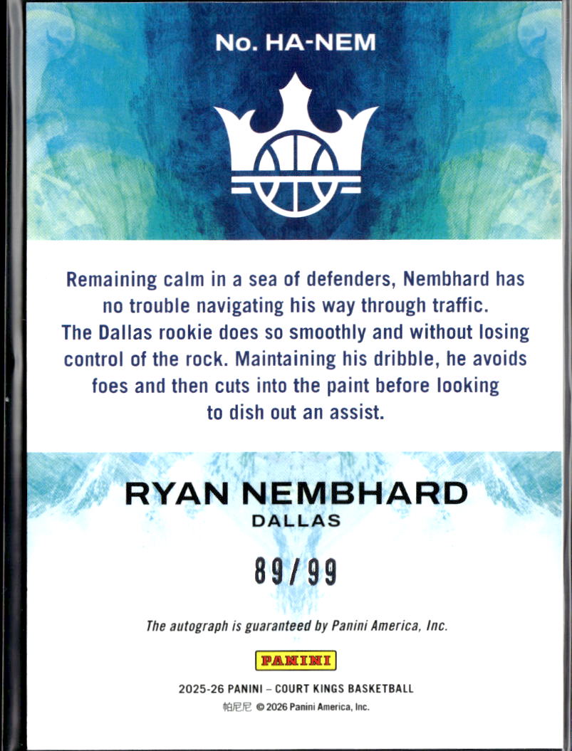 Ryan Nembhard 2025-26 Court Kings Heir Auto Autograph 89/99 Dallas Mavericks
