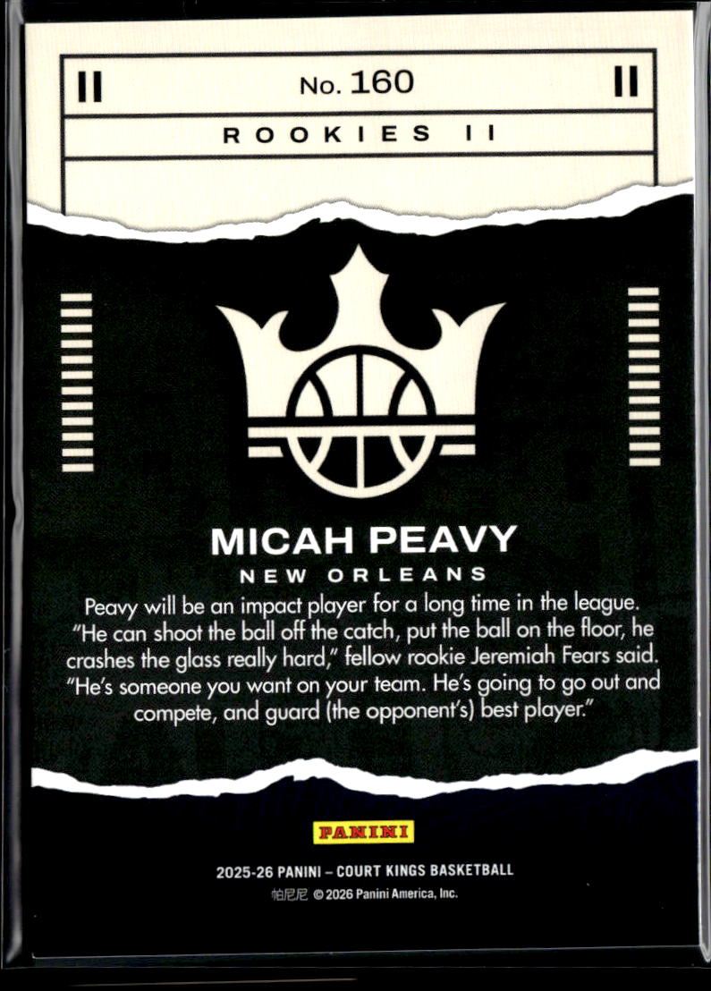 Micah Peavy 2025-26 Court Kings RC Rookie Level II New Orleans Pelicans