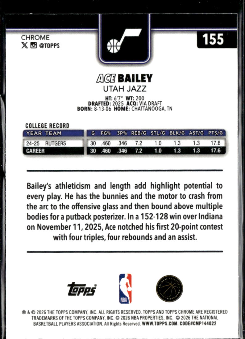 Ace Bailey 2026 Topps Chrome Update Prism Refractor RC Utah Jazz