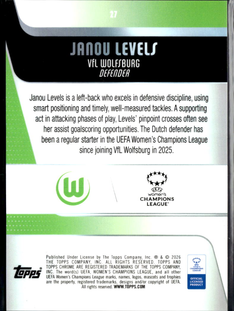 Janou Levels 2026 Topps Chrome Women's Aqua Wave RC 125/199 VfL Wolfsburg