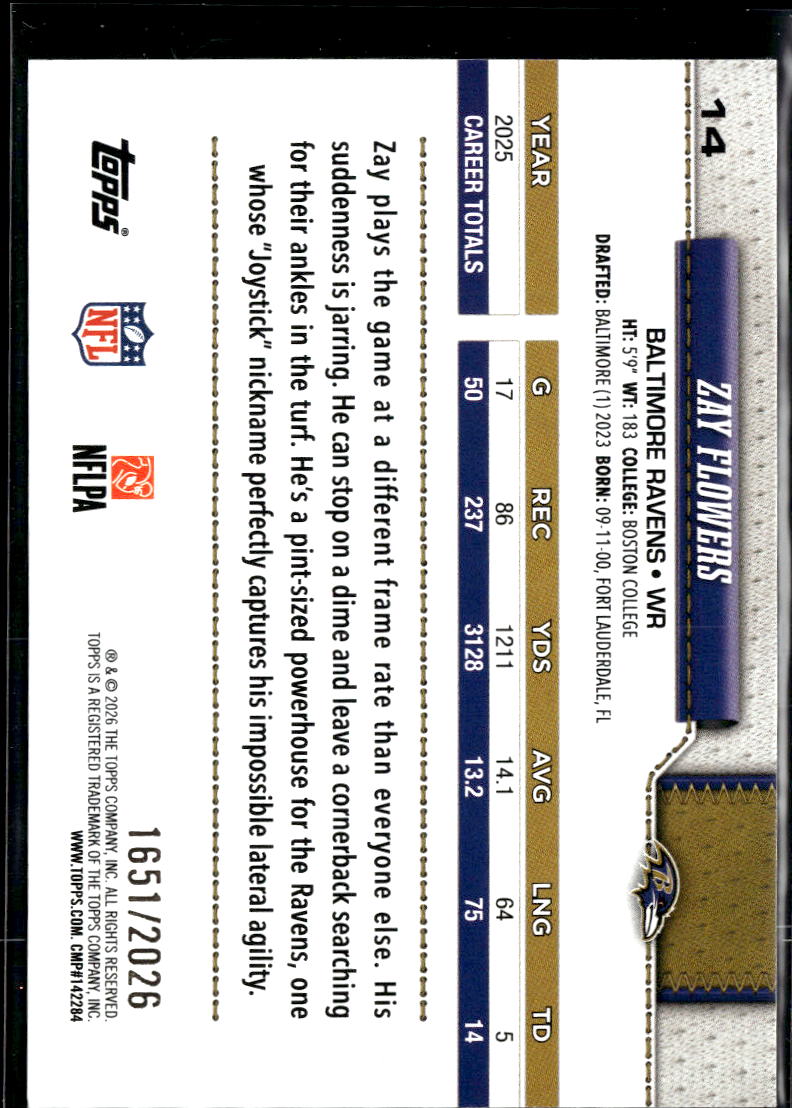 Zay Flowers 2026 Topps Gold 1651/2026 Baltimore Ravens