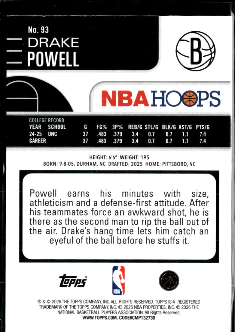 Drake Powell 2026 Topps NBA Hoops Rookie RC 168/275 Brooklyn Nets