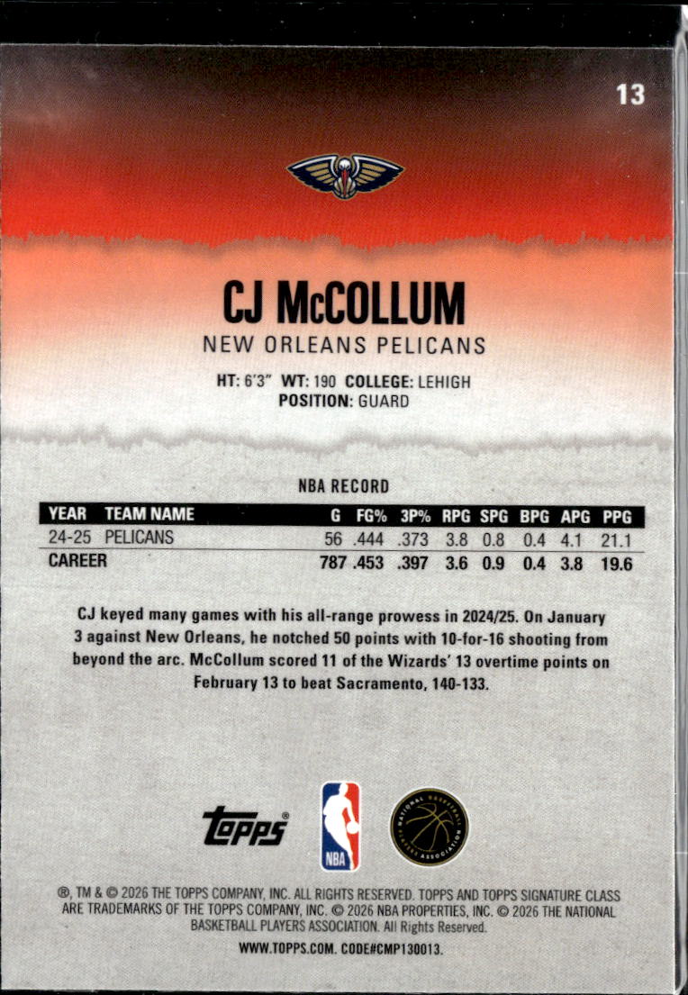 CJ McCollum 2026 Topps Signature Class Pink 20/250 New Orleans Pelicans