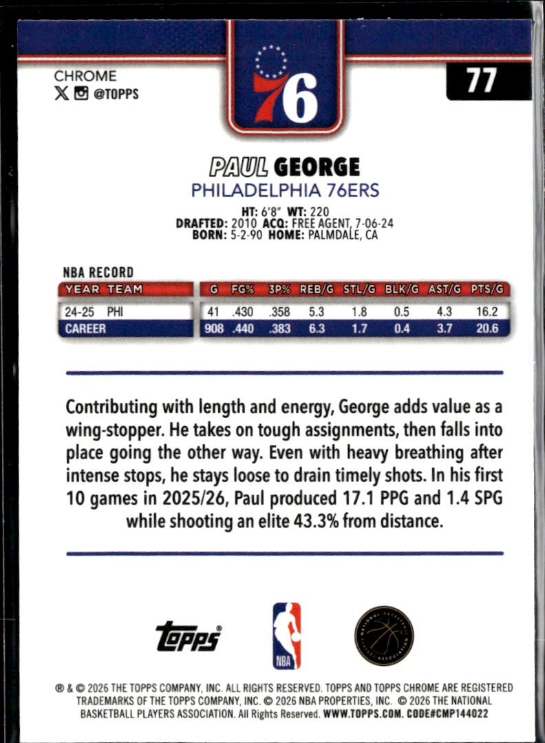 Paul George 2026 Topps Chrome Update Aqua Refractor 155/199 Philadelphia 76ers