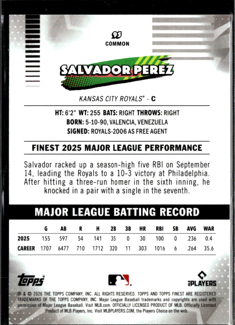 Salvador Perez 2026 Topps Finest Green Xfractor 61/99 Kansas City Royals