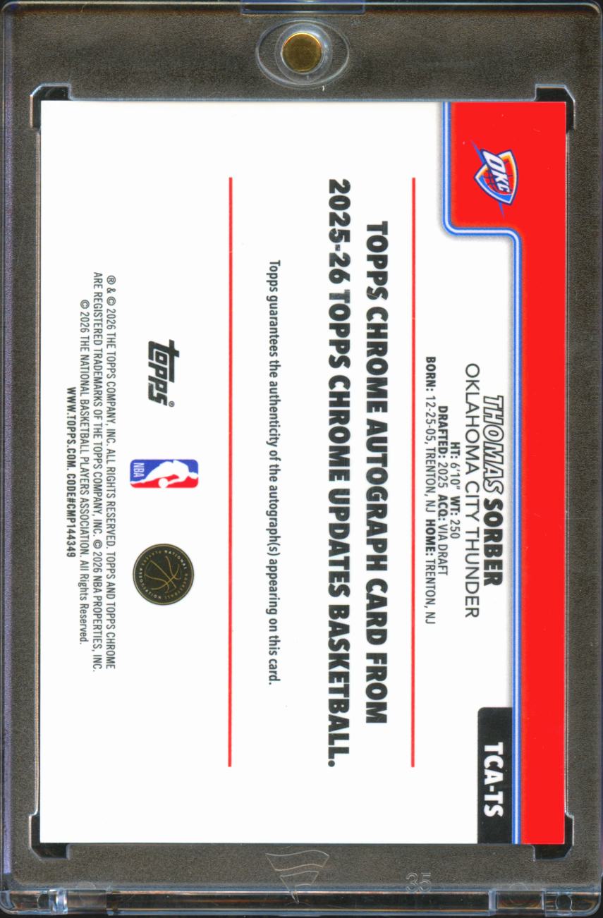 Thomas Sorber 2026 Topps Chrome Update Auto Autograph White RC 1/2 OKC Thunder