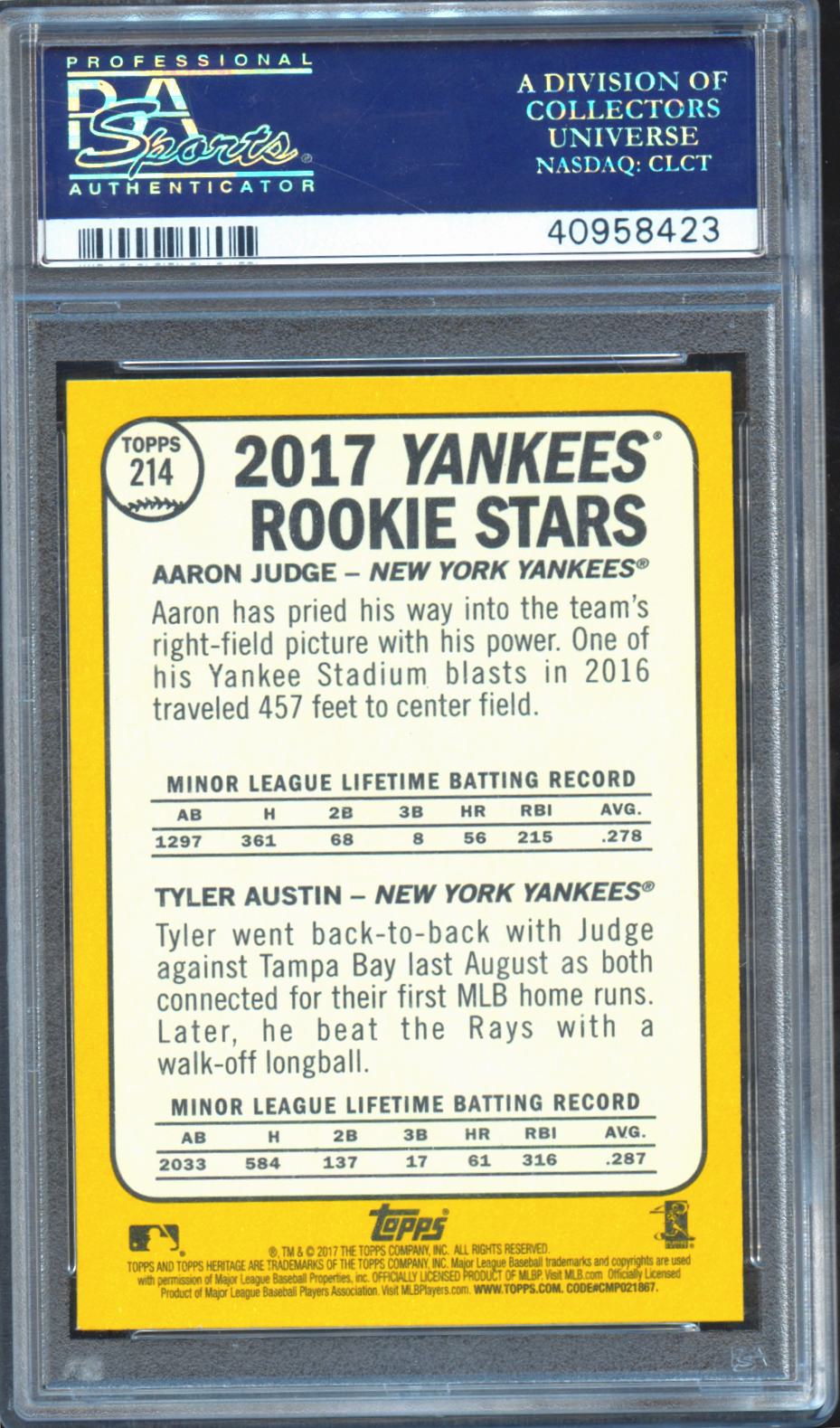 Aaaron Judge / Tyler Austin 2017 Topps Heritage Rookie RC Yankees #214 PSA 10