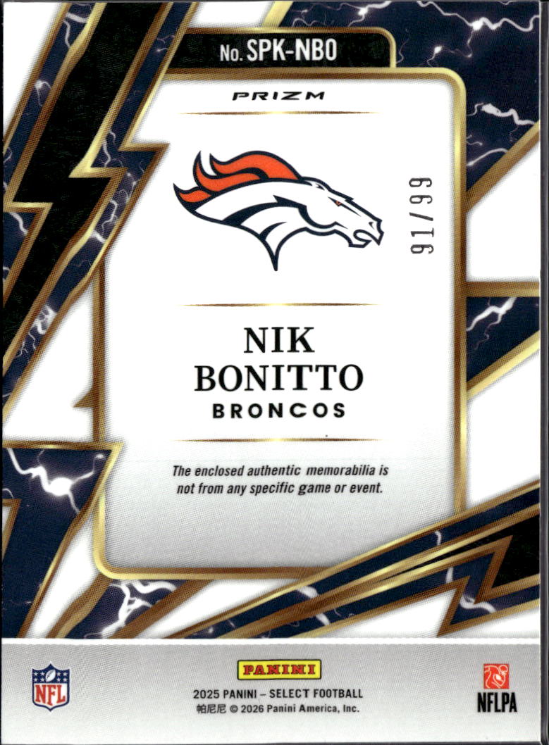 Nik Bonitto 2025 Select Sparks Jersey Patch White 91/99 Denver Broncos Sooners