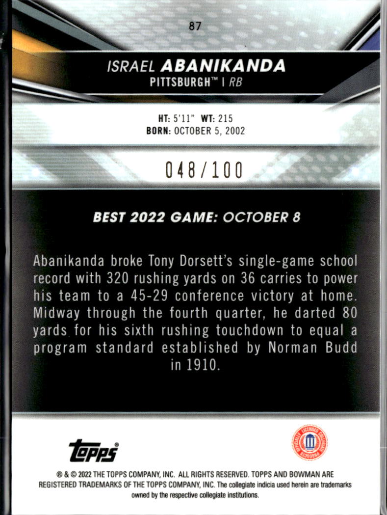 Israel Abanikanda 2022 Bowman's Best Pink /100 Pittsburgh Panthers