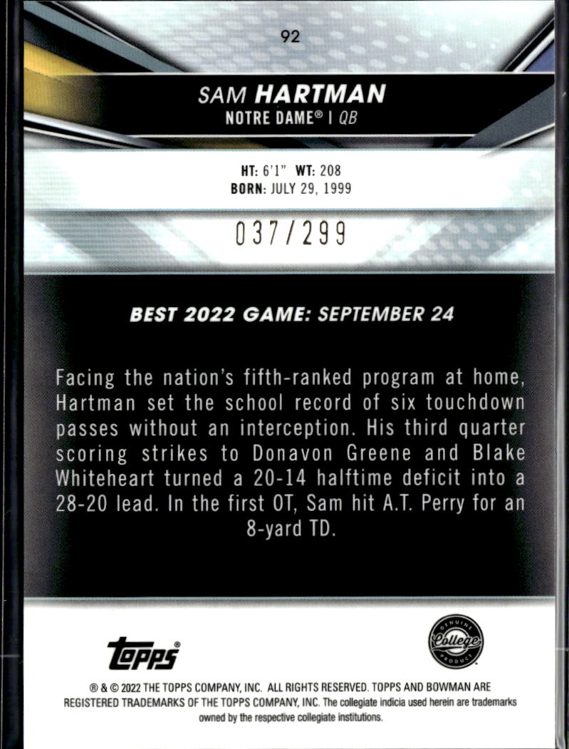 Sam Hartman 2022 Bowman's Best Mini Diamond /299 Notre Dame Fighting Irish