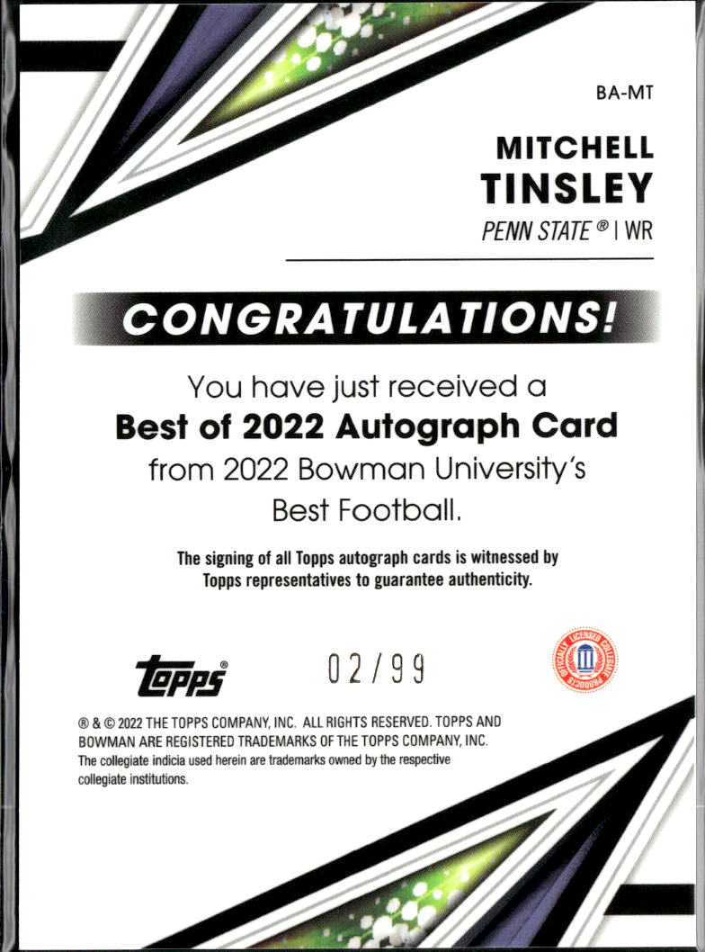 Mitchell Tinsley 2022 Bowman's Best Auto Autograph 2/99 Penn State Bengals