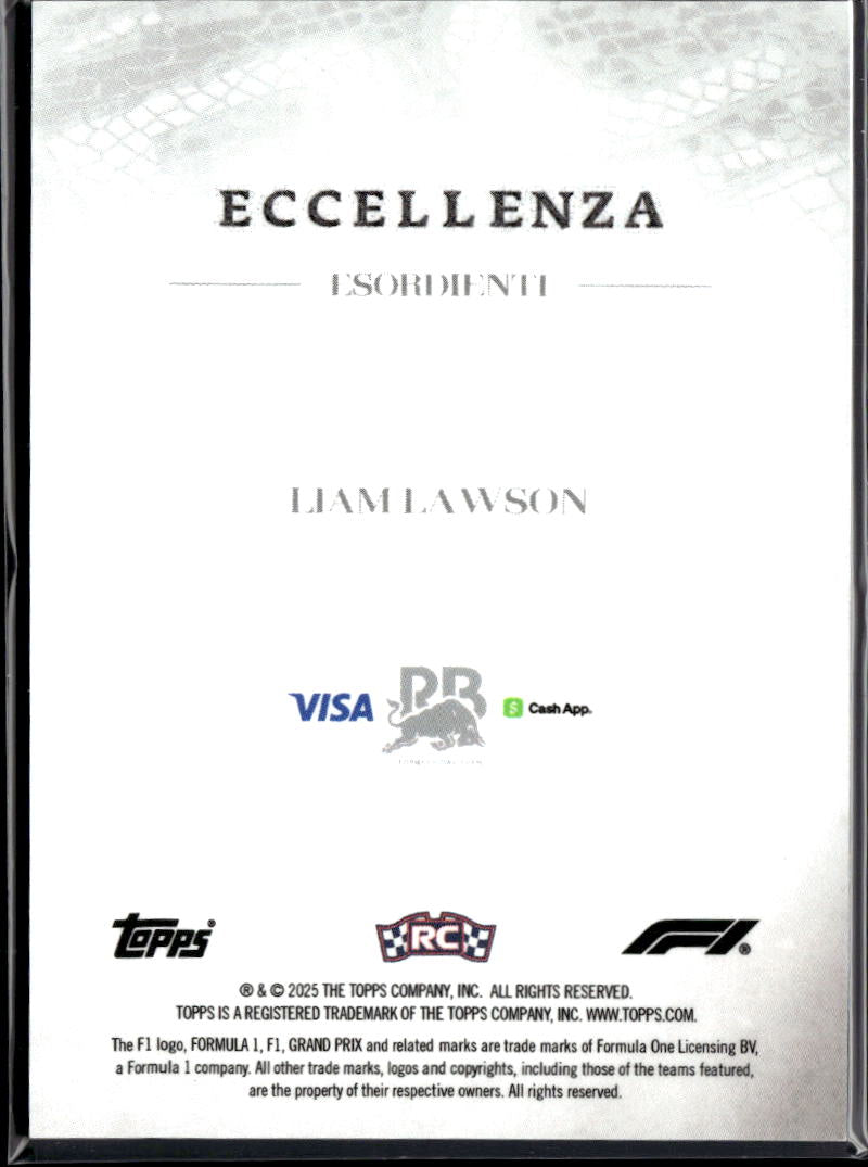 Liam Lawson 2025 Topps F1 75 Eccellenza RC 26/75 Racing Bulls Formula One Team