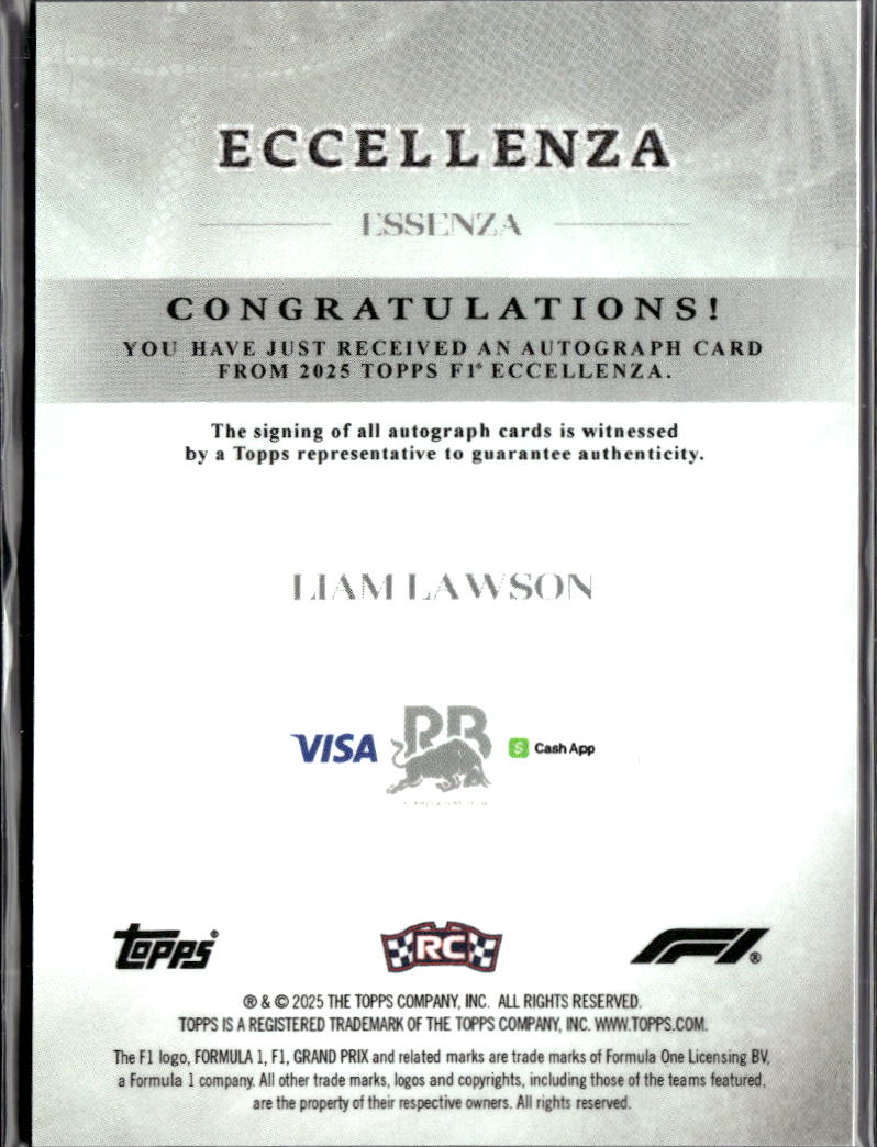 Liam Lawson 2025 Topps F1 Eccellenza RC Auto Autograph 2/25 Formula One