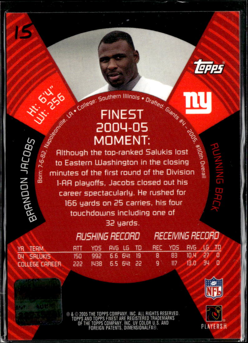 Brandon Jacobs 2005 Topps Finest Auto Autograph RC New York Giants
