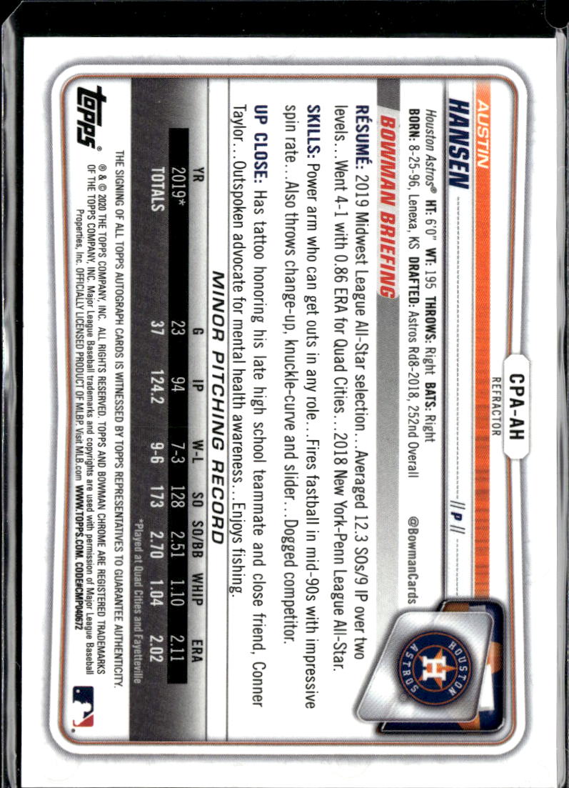 Austin Hansen 2020 Bowman Chrome 1st Auto Autograph RC /499 Houston Astros