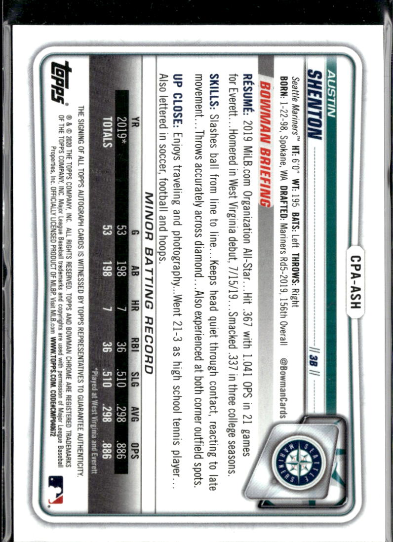 Austin Shenton 2020 Bowman Chrome 1st Auto Autograph Seattle Mariners